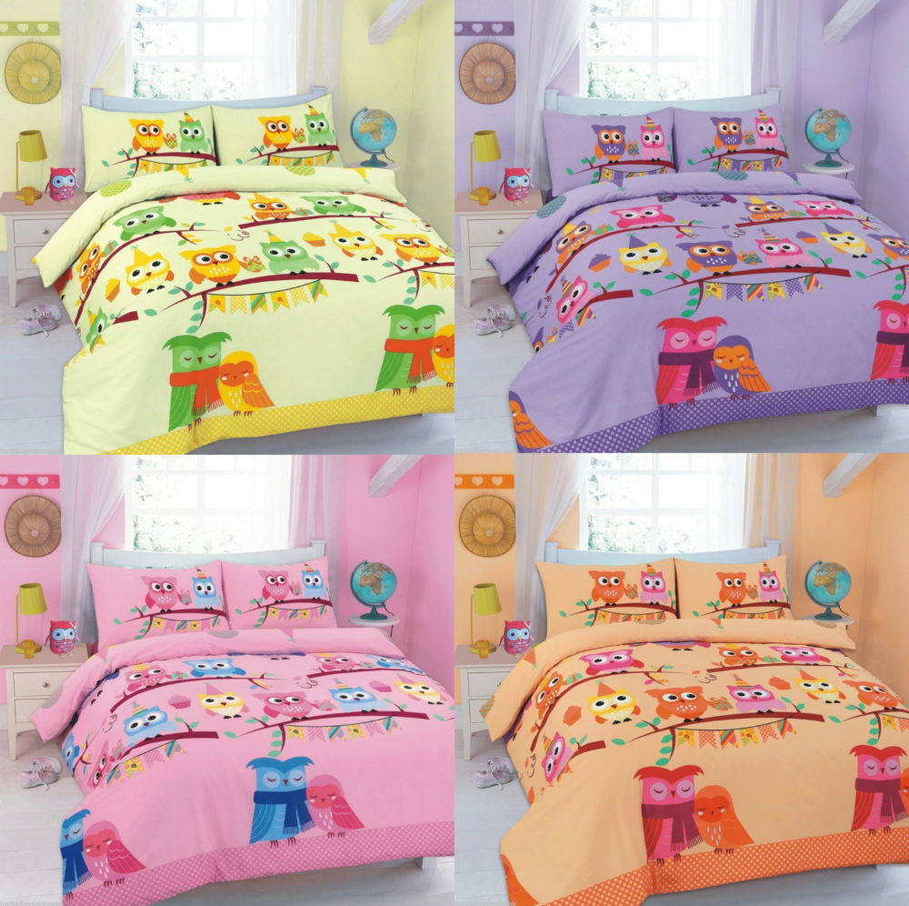 Cute Owl Cot Bed Size Duvet Quilt Cover Printed Bedding Set With
