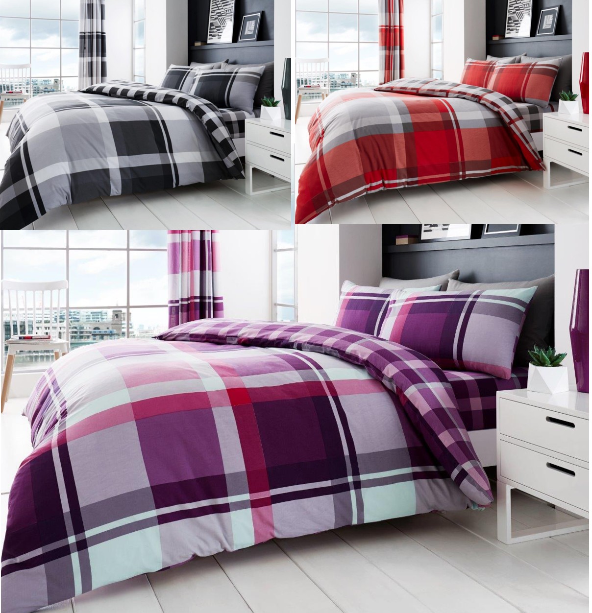 Waverly 4 Pcs Check Duvet Cover With Fitted Sheet Polycotton