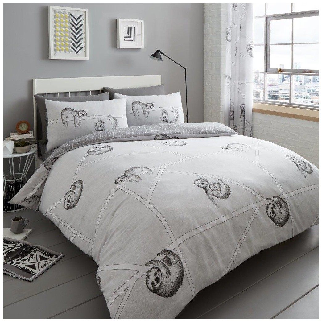 Sloth Grey Animal Print Duvet Quilt Cover Polycotton Bedding Set