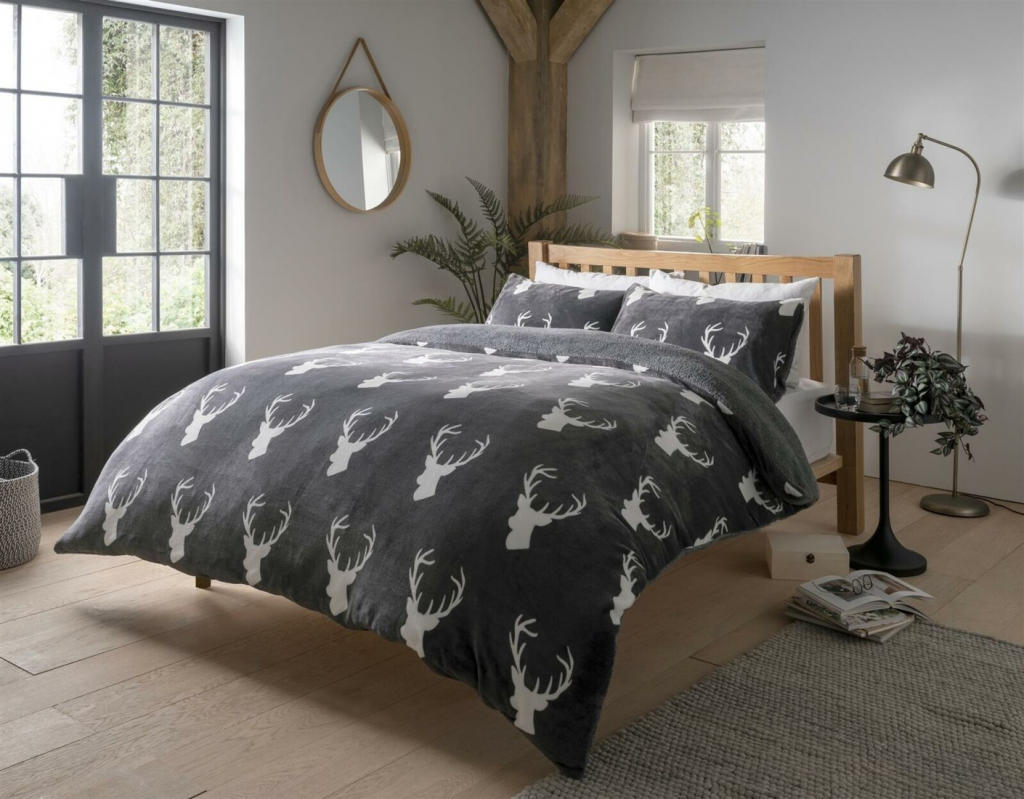 Stags Teddy Fleece Grey Charcoal Duvet Cover Cosy Warm Christmas