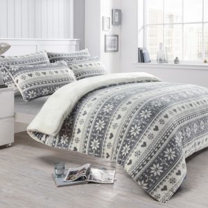 Nordic Teddy Fleece Grey Duvet Quilt Cover Cosy Warm Christmas Bedding Set