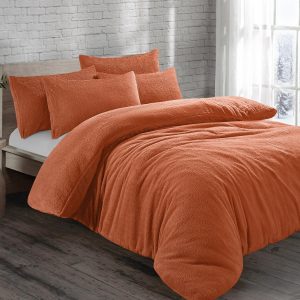 Orange Teddy Fleece Duvet Cover Cosy Warm Super Soft Bedding Set