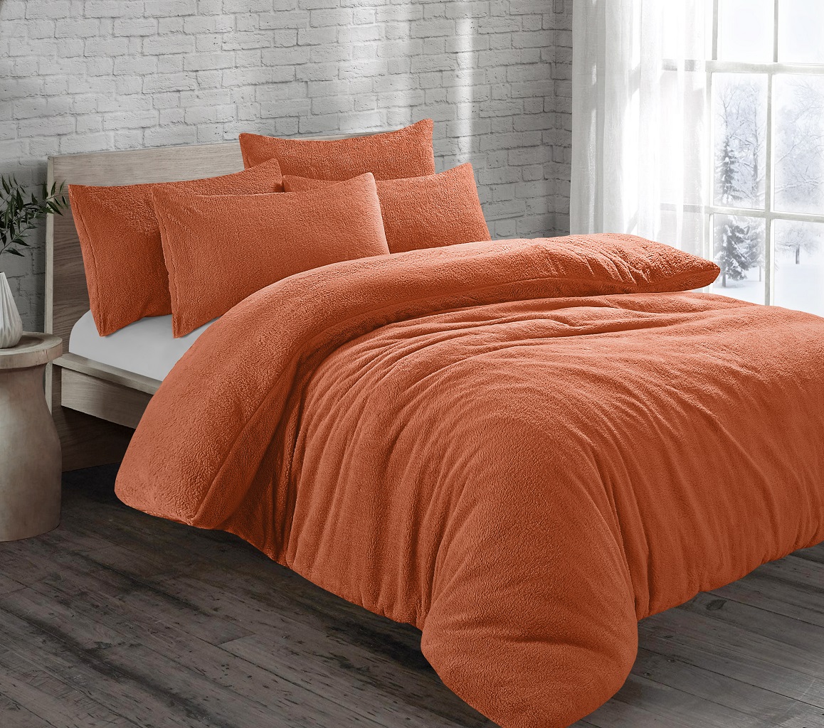 Orange Teddy Fleece Duvet Cover Cosy Warm Super Soft Bedding Set ...