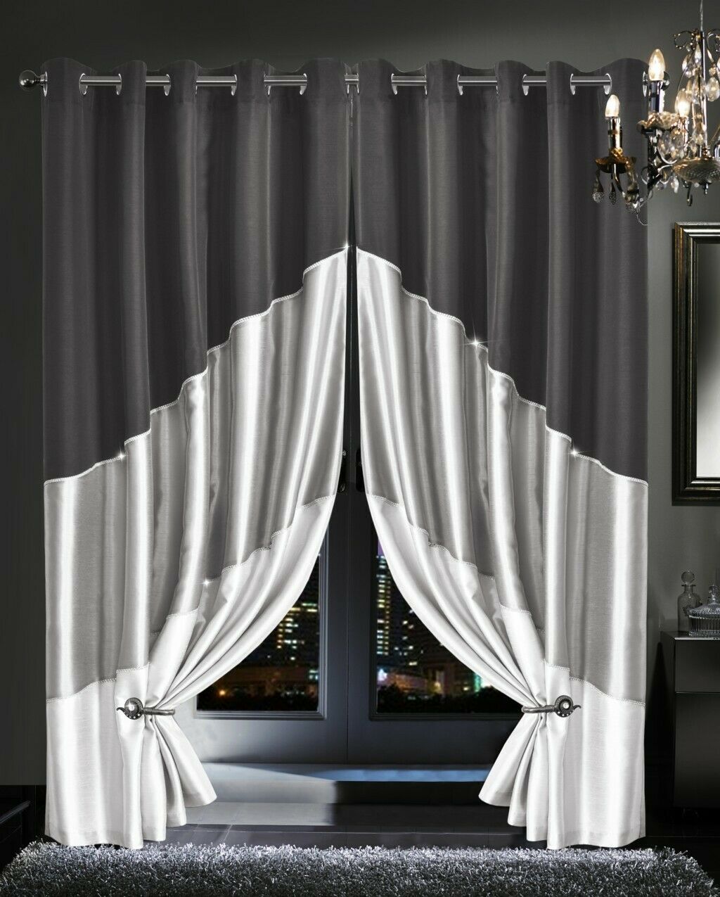 NEW Silver Eyelet Ring Top Fully Lined Faux Silk Curtains with Tie Backs 