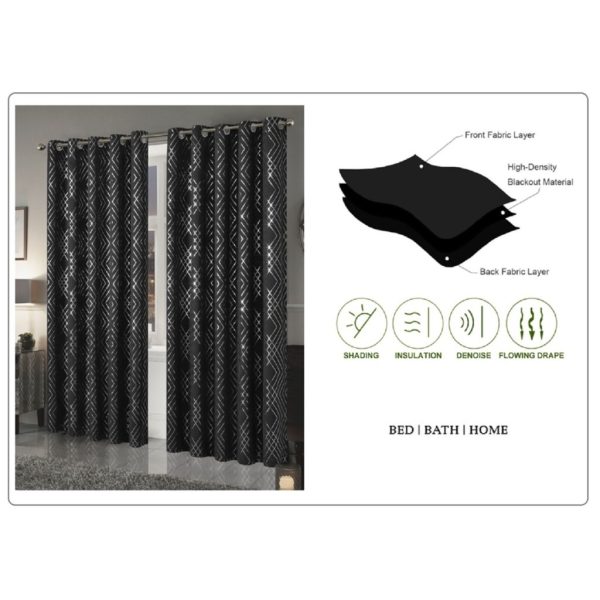 Geo Foil Blackout Eyelet Pair Curtains Metallic Thermal Ring Top 2 Panels - Image 7