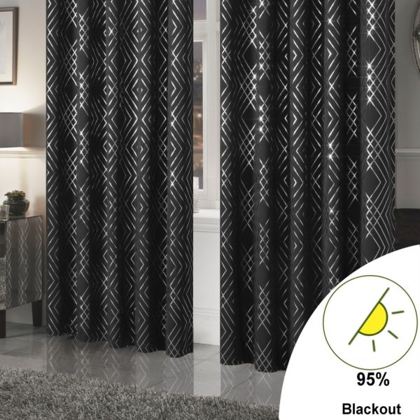 Geo Foil Blackout Eyelet Pair Curtains Metallic Thermal Ring Top 2 Panels - Image 9