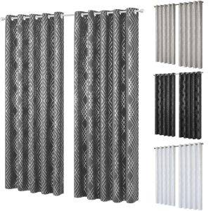 Geo Foil Blackout Eyelet Pair Curtains Metallic Thermal Ring Top 2 Panels