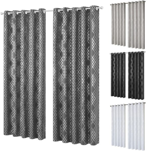 Geo Foil Blackout Eyelet Pair Curtains Metallic Thermal Ring Top 2 Panels
