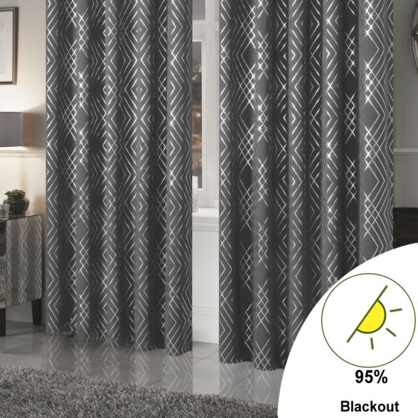 Geo Foil Blackout Eyelet Pair Curtains Metallic Thermal Ring Top 2 Panels - Image 4
