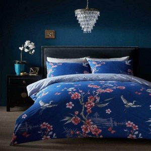 Akari Duvet Cover Seagul Navy Floral Bedding Set With Pillow Case