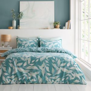 Canyon Teal Green Duvet Cover With Pillow Case Leaves Reversible Bedding Set