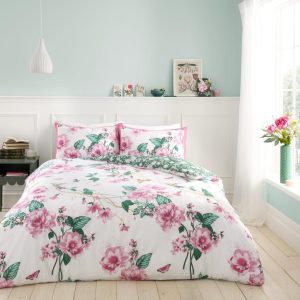 Delsie Duvet Cover Pink Flowers Reversible Bedding Set With Pillow Case