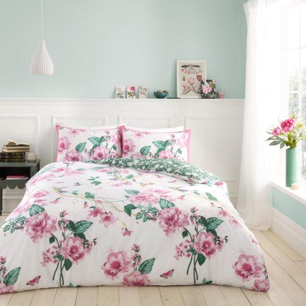 Delsie Duvet Cover Pink Flowers Reversible Bedding Set With Pillow Case
