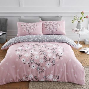Ditsy Heart Duvet Cover Blush Pink Reversible Bedding Set With Pillow Case