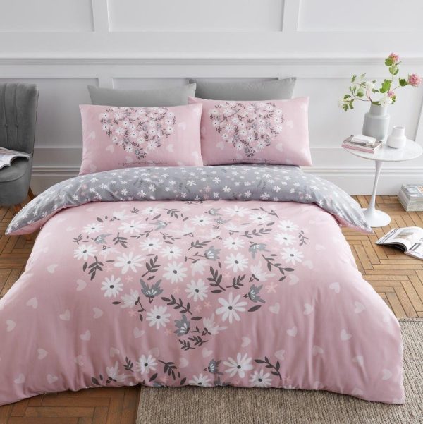 Ditsy Heart Duvet Cover Blush Pink Reversible Bedding Set With Pillow Case