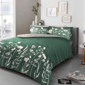 Gigi Duvet Cover Floral Dark Green Reversible Bedding Set With Pillow Case