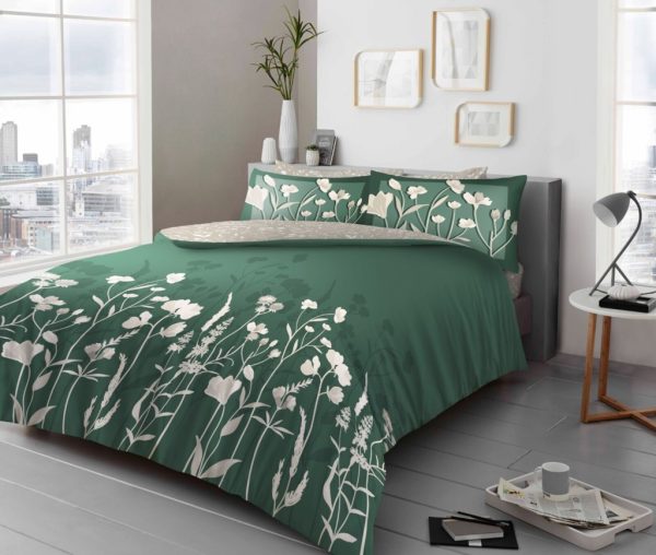 Gigi Duvet Cover Floral Dark Green Reversible Bedding Set With Pillow Case