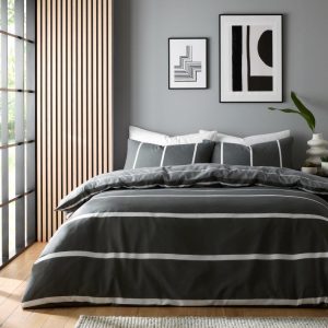Harris Black Charcoal Duvet Cover Reversible Stripes Bedding Set With Pillow Case