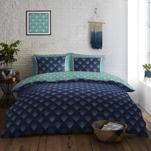 Kaya Duvet Cover Reversible Diamond Pattern Navy Bedding Set With Pillow Case
