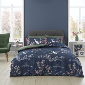 Maki Duvet Cover Reversible Navy Floral Bird Bedding Set With Pillow Case