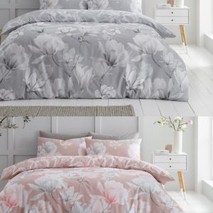 Magnolia Dream Floral Print Reversible Duvet Cover Polycotton Bedding Pillowcase