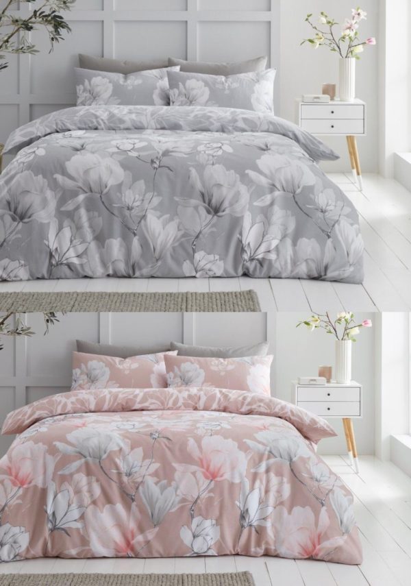 Magnolia Dream Floral Print Reversible Duvet Cover Polycotton Bedding Pillowcase