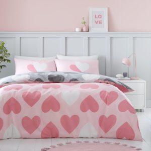 Pretty Hearts Pink Charcoal Duvet Cover Reversible Bedding Set With Pillow Case