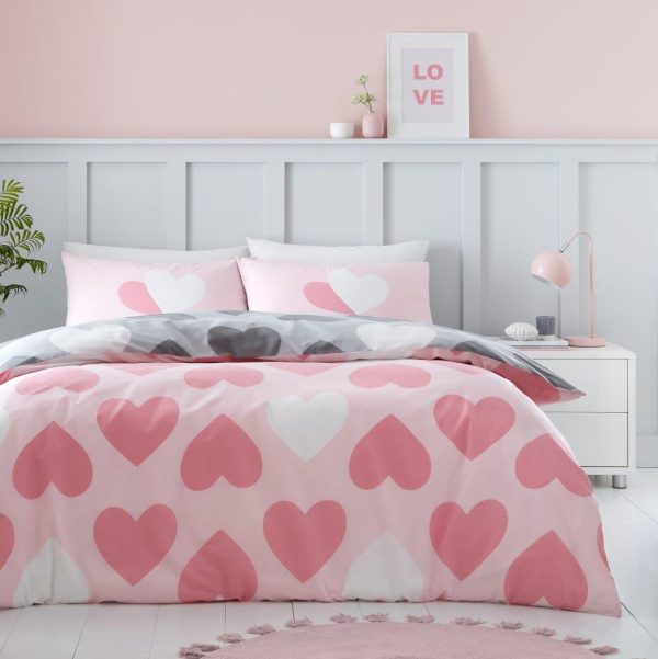 Pretty Hearts Pink Charcoal Duvet Cover Reversible Bedding Set With Pillow Case