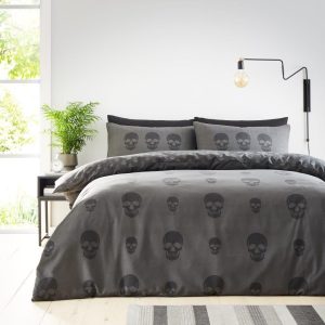 Skull Charcoal Duvet Cover Reversible Bedding Set With Pillow Case
