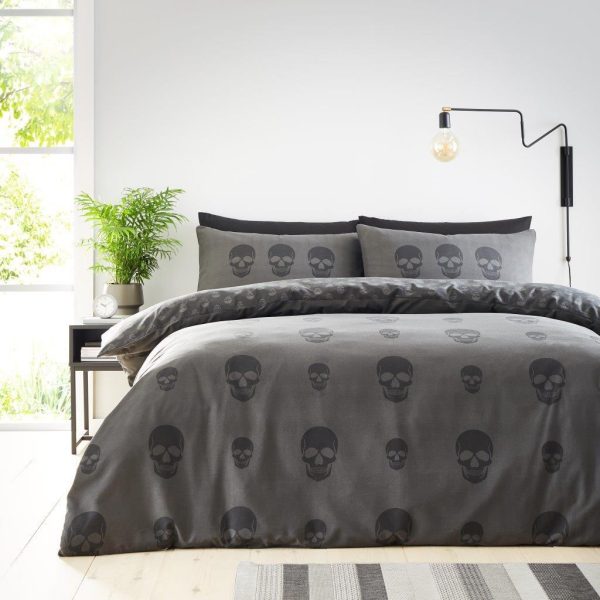 Skull Charcoal Duvet Cover Reversible Bedding Set With Pillow Case