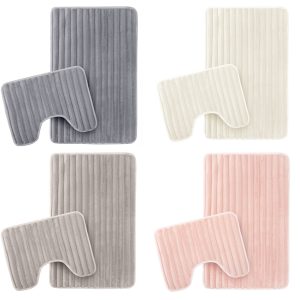2 Piece Ribbed Bath Mat Set Extra Soft Water Absorbent Non Slip Bathroom Toilet Rug