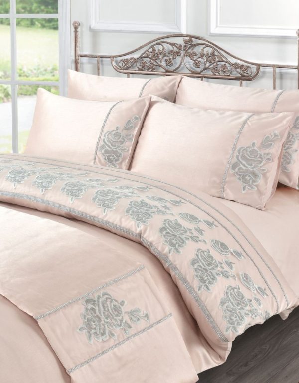 Amara Embroidered Flowers Diamante Duvet Cover Set or Bed Runner Luxury Polyester Bedding Set - Image 3