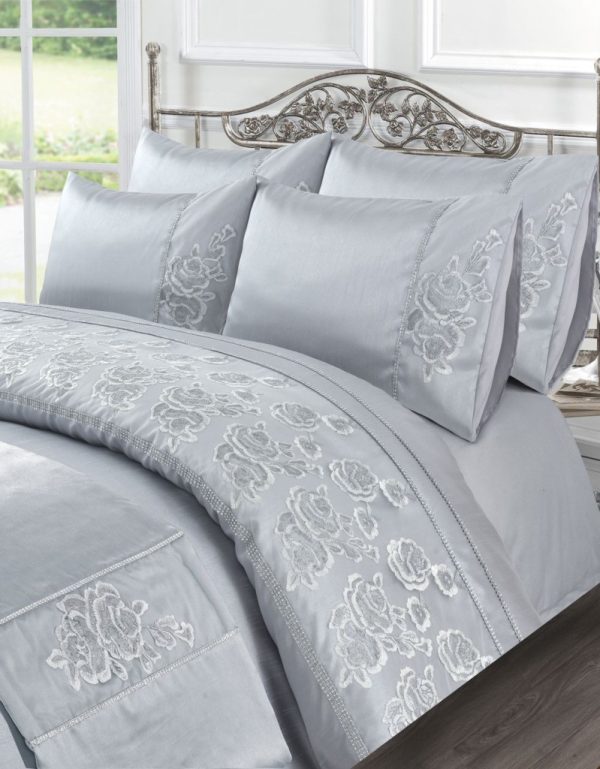 Amara Embroidered Flowers Diamante Duvet Cover Set or Bed Runner Luxury Polyester Bedding Set - Image 2