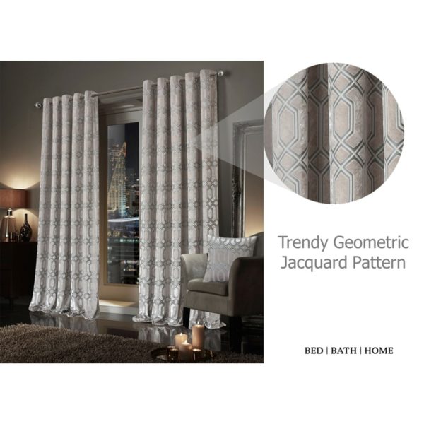 Luxury Geo Velvet Pair Curtains Fully Lined Eyelet Geometric Ring Top 2 Panel Set - Image 4