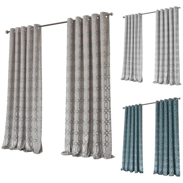 Luxury Geo Velvet Pair Curtains Fully Lined Eyelet Geometric Ring Top 2 Panel Set