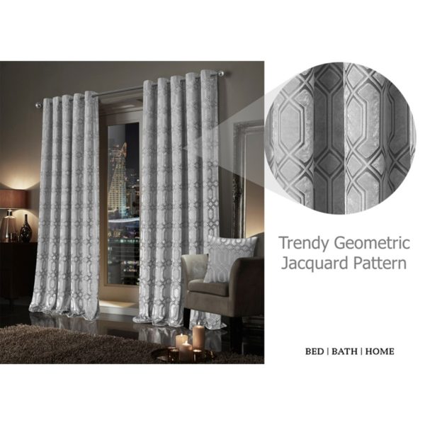 Luxury Geo Velvet Pair Curtains Fully Lined Eyelet Geometric Ring Top 2 Panel Set - Image 3