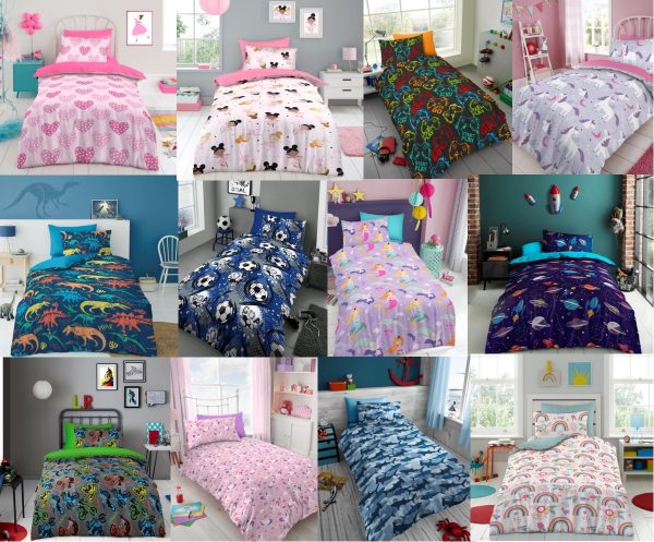 Kids Microfibre Single Duvet Cover Set With Pillowcase Children Boys Girls Reversible Bedding