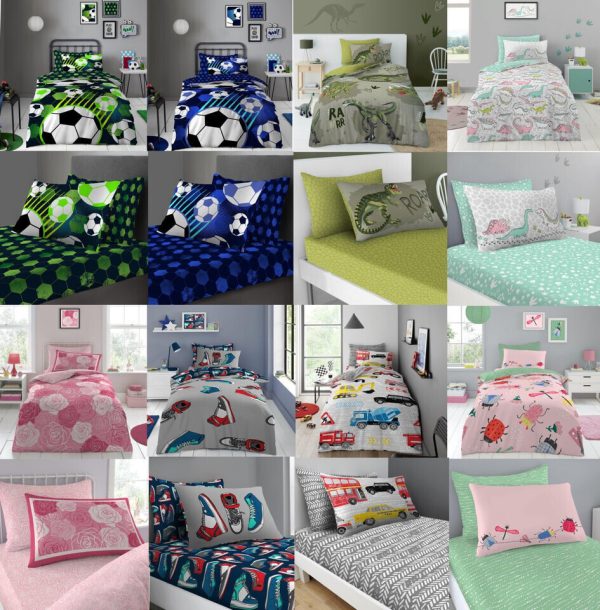 Kids Polycotton Single Duvet Cover Set Or Fitted Sheet With Pillowcase Children Boys Girls Reversible Bedding