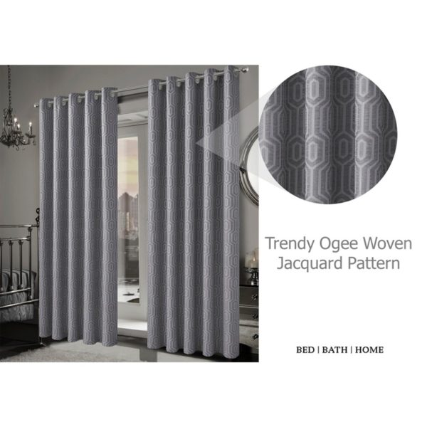 Paris Jacquard Pair Curtains Fully Lined Eyelet Geometric Damask Ring Top 2 Panel Set - Image 4