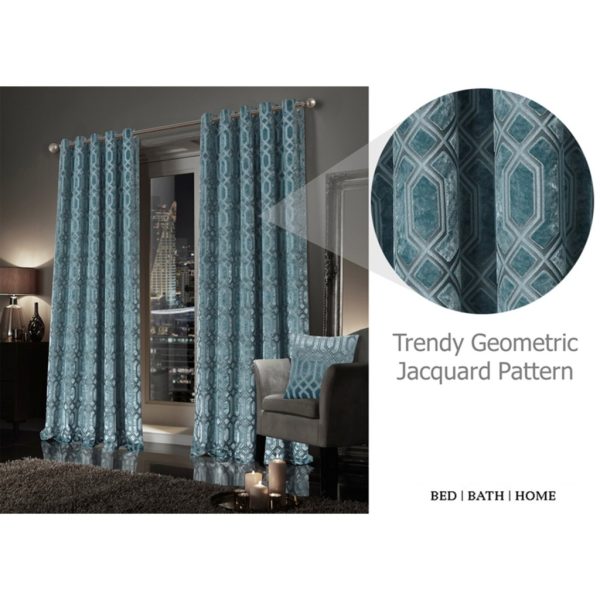 Luxury Geo Velvet Pair Curtains Fully Lined Eyelet Geometric Ring Top 2 Panel Set - Image 2