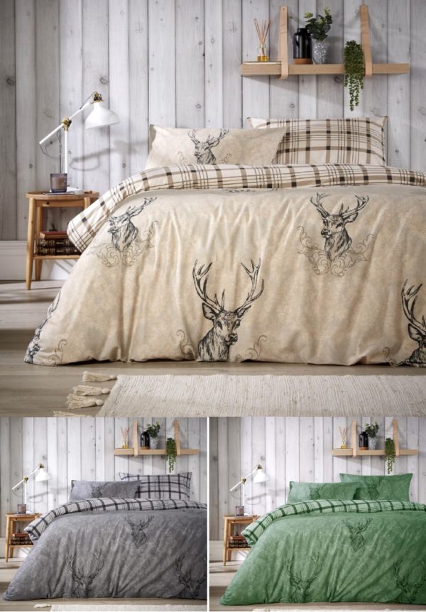 Highland Stag Duvet Cover With Pillowcase Reversible Cotton Blend Christmas Bedding Set