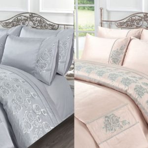 Amara Embroidered Flowers Diamante Duvet Cover Set or Bed Runner Luxury Polyester Bedding Set