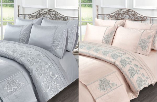 Amara Embroidered Flowers Diamante Duvet Cover Set or Bed Runner Luxury Polyester Bedding Set