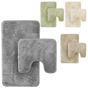2 Piece Plush Bath Mat & Padestal Mat Set Super Soft Water Absorbent Non Slip Bathroom Toilet Rug