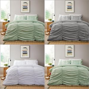 Ruched Duvet Cover With Pillowcase Ease Care Soft Ruffled Pleated Microfibre Bedding Set