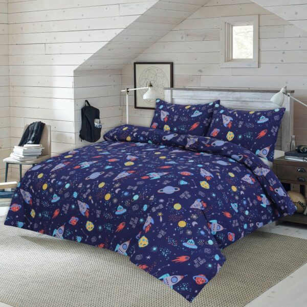Space Printed Duvet Cover With Pillow Case Polycotton Kids Bedding Set