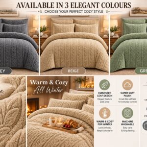 Leaves Teddy Fleece Duvet Cover Set – Soft Cosy Embossed Leaf Bedding with Pillowcases