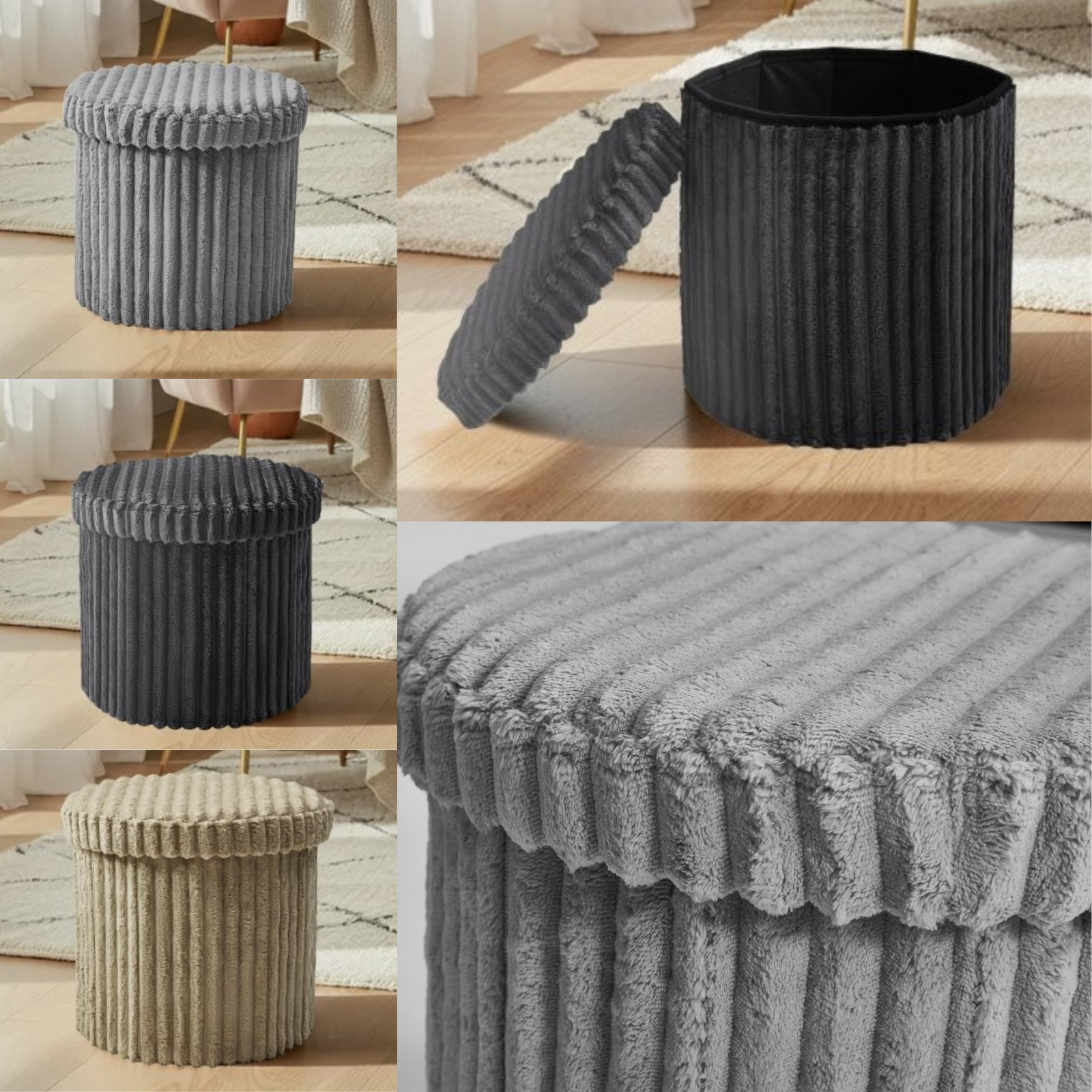 Ribbed Storage Box Ottoman Multipurpose Seat Foot Stool Toys Box Organizer Round Shape