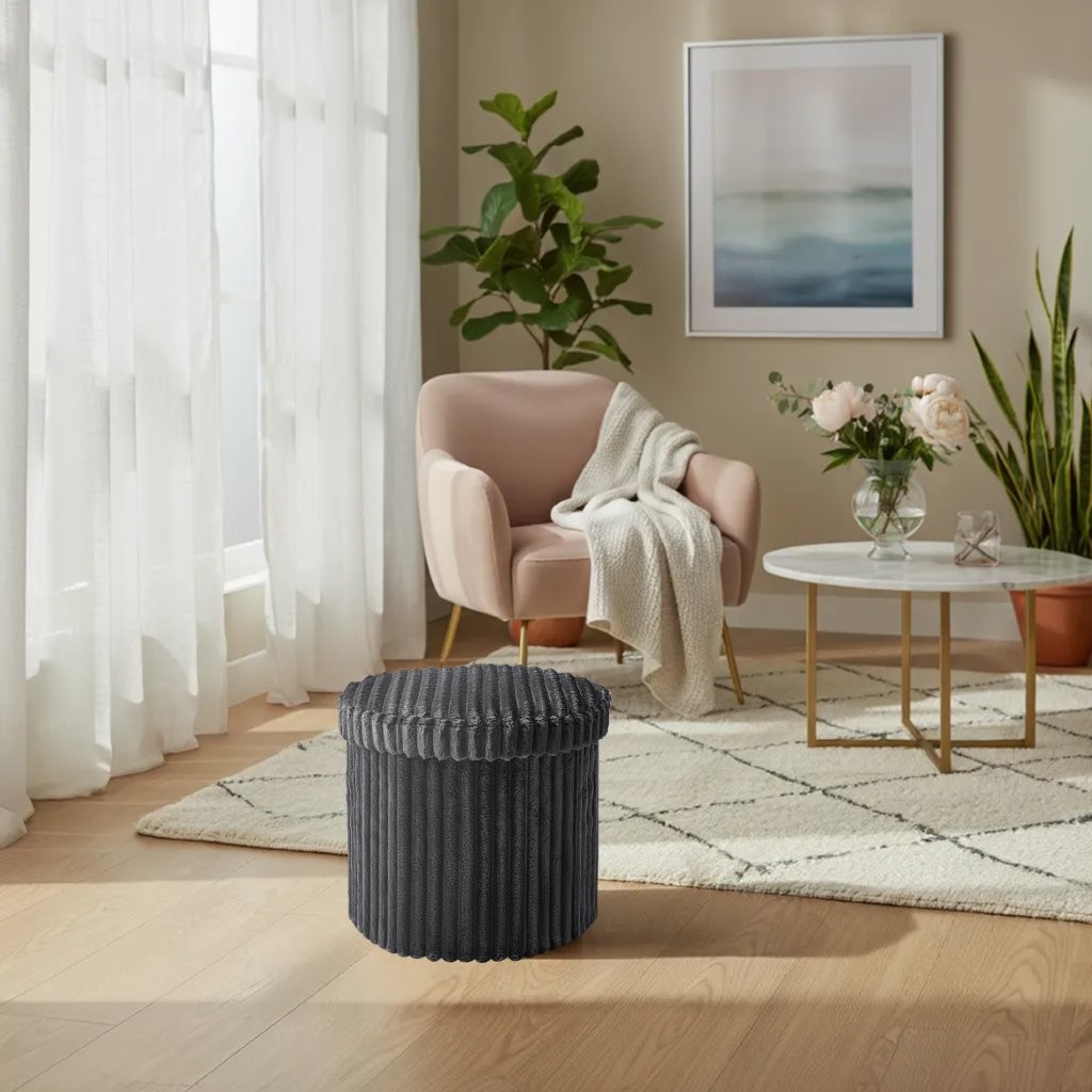 Ribbed Storage Box Ottoman Multipurpose Seat Foot Stool Toys Box Organizer Round Shape - Image 7