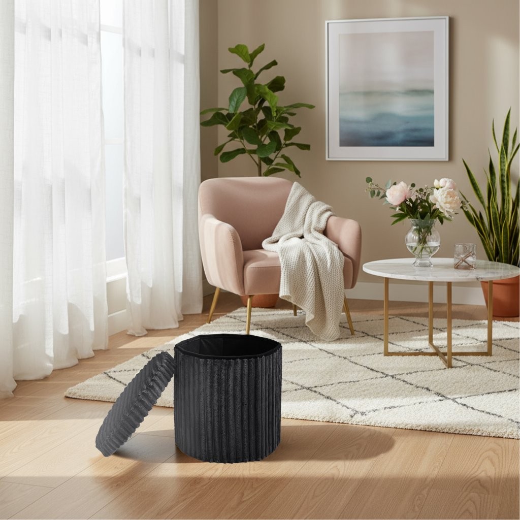 Ribbed Storage Box Ottoman Multipurpose Seat Foot Stool Toys Box Organizer Round Shape - Image 10